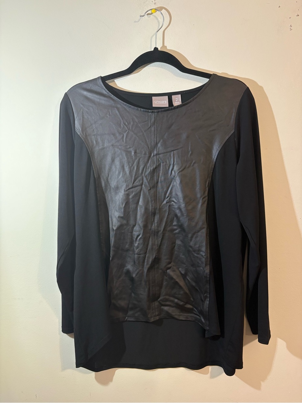 Chico's black faux leather front insert tunic size 2‎ large long sleeve blouse